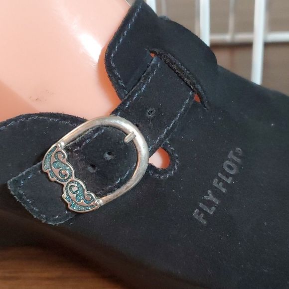 Fly Flot Black Suede Leather Silver & Blue Glitter Buckle Clogs Size EUR 40 US 8 - Picture 4 of 7